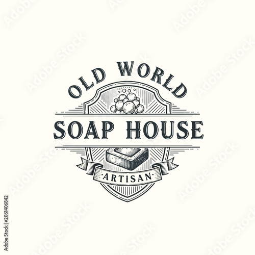 Vintage apothecary style logo for Old World Soap House with artisan bar of soap and bubbles.