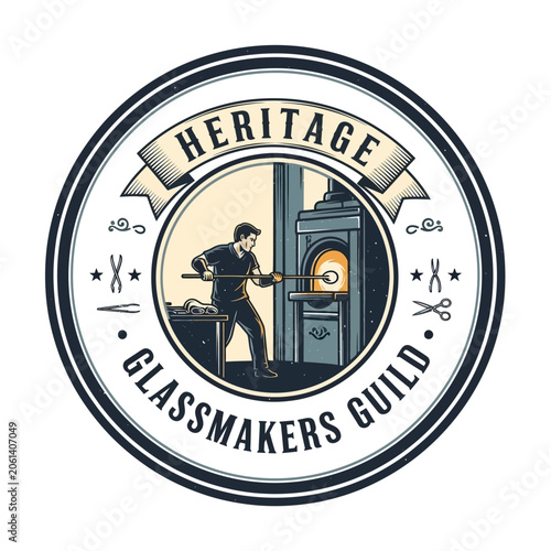 Tablou pe pânză Vintage circular badge logo for heritage glassmakers guild featuring a craftsman at work