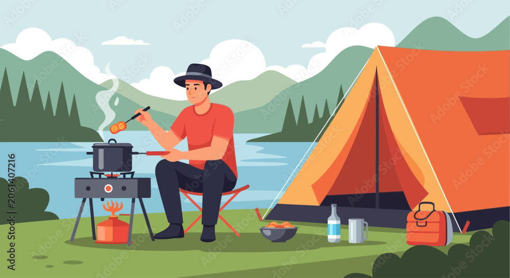 Fototapeta premium Vector illustration of a man in a hat cooking with a portable gas stove and pot near an orange tent at a scenic lakeside mountain campsite with pine trees and clouds in nature.