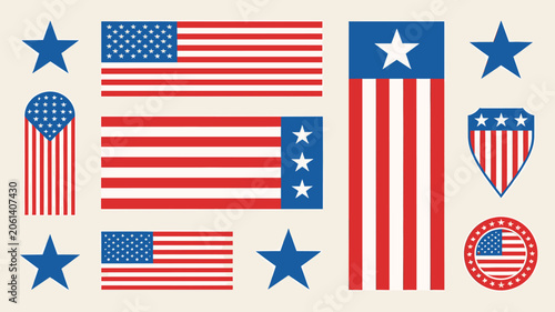 Obraz na płótnie A collection of various American flag designs, patriotic emblems, and blue star illustrations