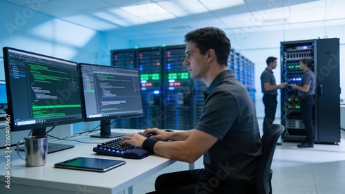 IT engineer programming software applications while monitoring system performance in a data center environment.