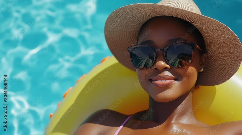 Obraz premium Young black woman enjoying summer vacation wearing straw hat and sunglasses relaxing on yellow float in sparkling pool