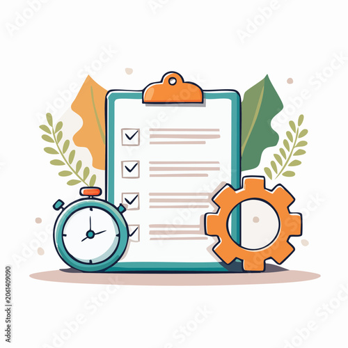 Checklist with Stopwatch and Gear Illustration