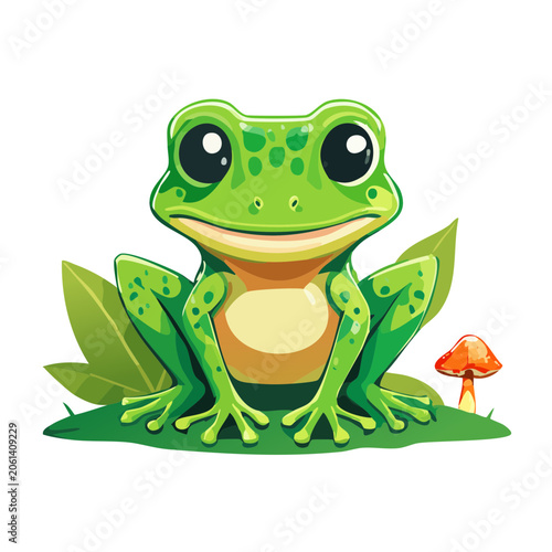 Cute Cartoon Frog with Mushroom and Leaves