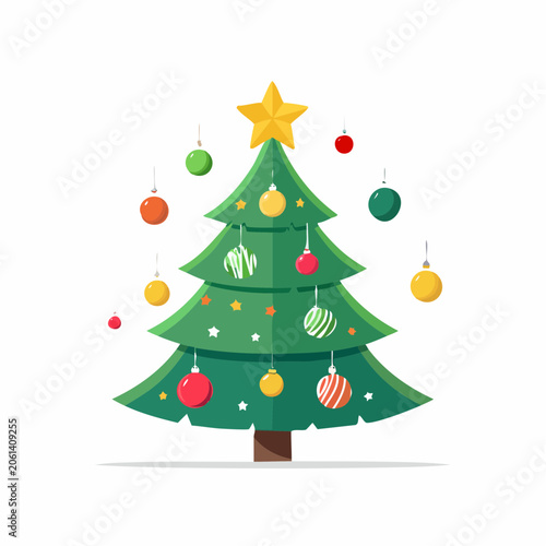 Flat Design Christmas Tree with Ornaments and Star