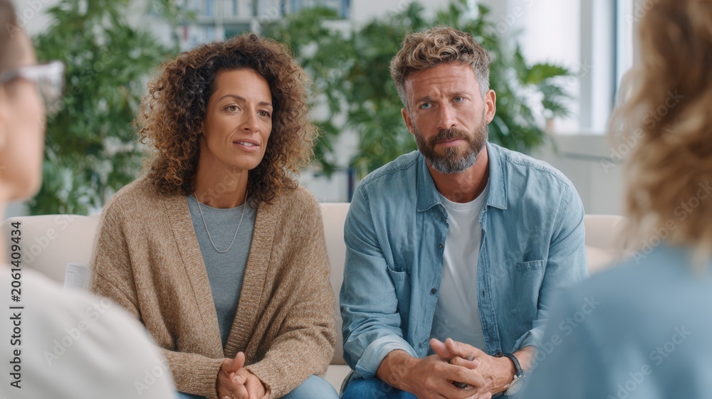 Fototapeta premium Couple attending therapy session talking with counselor about relationship problems seeking professional support and guidance