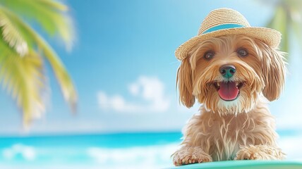 Dog smiling and relaxing on a tropical beach feeling happy and ready for summer holidays in a sunny paradise