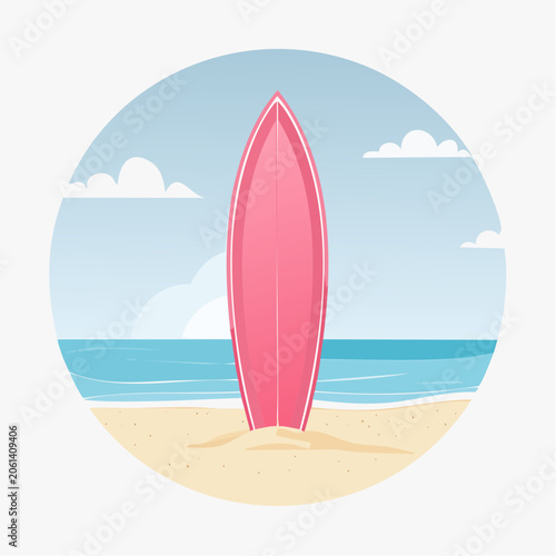 Pink Surfboard on Sandy Beach with Ocean and Clouds