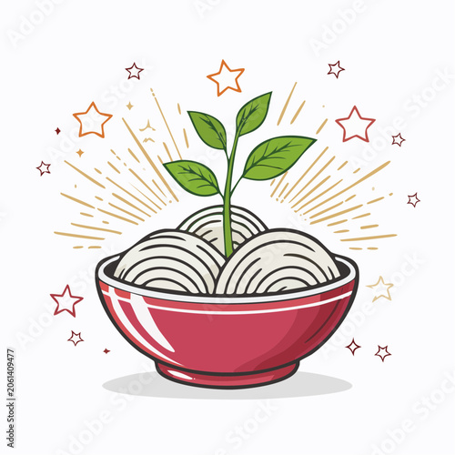 Sprout Growing from Bowl of Noodles with Stars and Rays