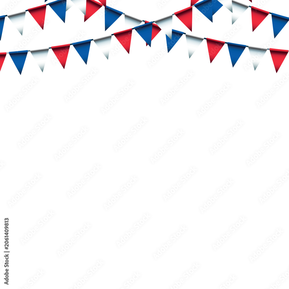 Obraz premium Patriotic red white and blue pennant bunting flags hanging decoration isolated; American festive celebration party banner vector illustration design element