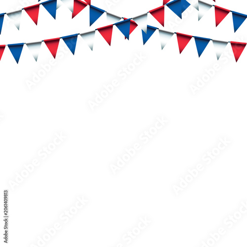 Patriotic red white and blue pennant bunting flags hanging decoration isolated; American festive celebration party banner vector illustration design element
