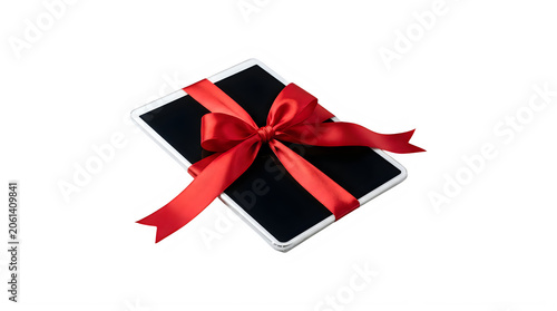 Digital tablet computer wrapped in a decorative red ribbon bow for a tech gift concept