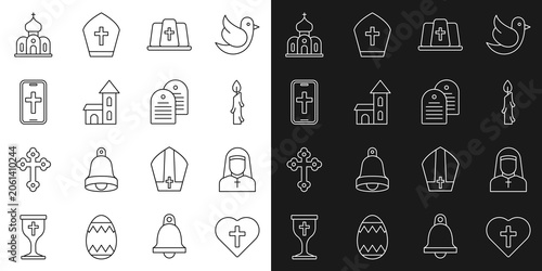 Tableau sur toile Set line Christian cross in heart, Nun, Burning candle, Pope hat, Church building, on phone, and Holy bible book icon