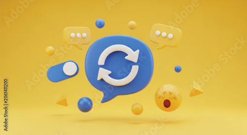 Conceptual image of refresh symbol on speech bubble with various abstract icons and shapes floating against bright yellow background.
