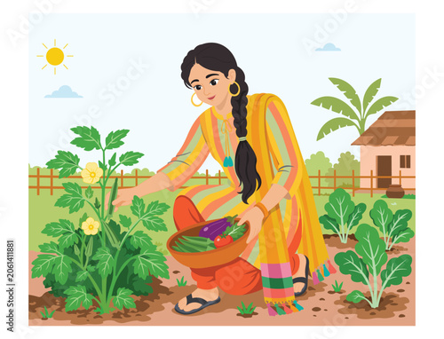 Woman Harvesting Fresh Organic Vegetables from Kitchen Garden, Female Farmer Collecting Homegrown Produce, Sustainable Agriculture and Healthy Rural Lifestyle Flat Vector Illustration.