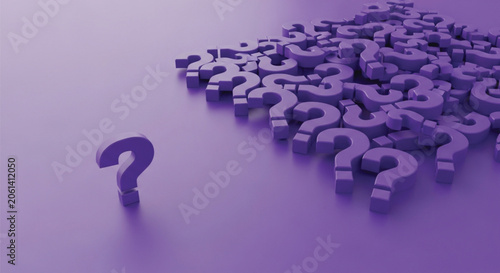 A single question mark standing prominently in front of large pile of identical question marks on purple background.