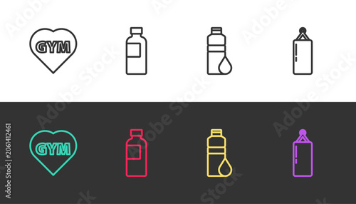Φωτογραφία Set line Fitness gym heart, shaker, and Punching bag on black and white