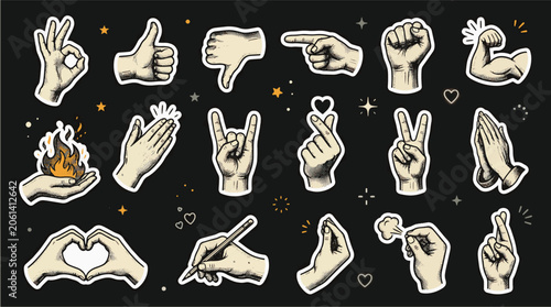 Photos Vintage engraved hand gesture sticker collection featuring thumbs up rock on pea