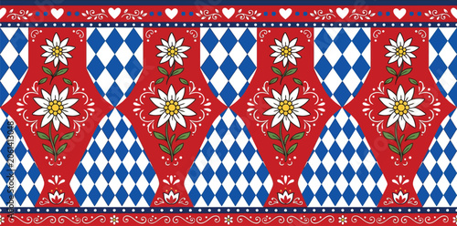 Traditional bavarian folk pattern with edelweiss flowers and diamond blue and white rhomboid shapes bavarian edelweiss