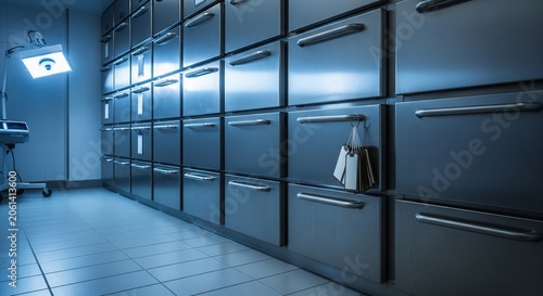 A cold room inside a morgue filled with rows of stainless steel refrigerator doors. A bright lamp illuminates the sterile, eerie room with a cool blue light