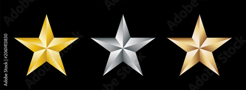 Star shining gradient metal collection. Five point gold, silver and bronze star set. 3d rating and award icon symbol. Review sign. Luxury logo. Vector illustration image.