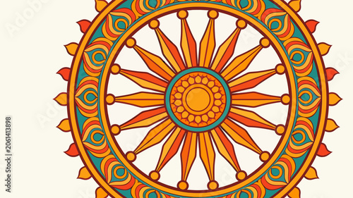 Quadro su tela Intricate and colorful Dharma Chakra, a symbol of Buddhism and Hinduism, with radiating spokes and decorative patterns