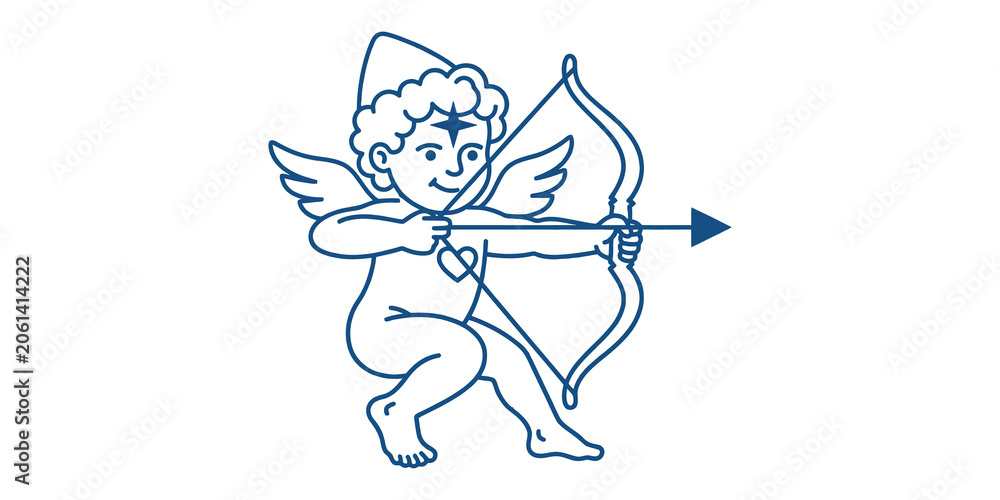 Obraz premium Line art vector illustration of cupid aiming bow and arrow symbol for romantic valentines day holiday greeting card
