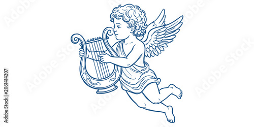 Photos Classical cherub angel playing lyre music instrument vector illustration for vin