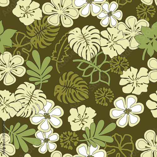 tropical flowers and leaves on a brown background