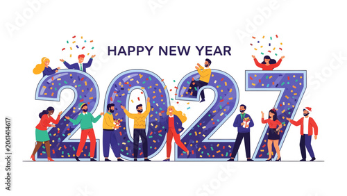 Happy New Year 2027 Celebration: A vibrant illustration depicts people celebrating the arrival of the new year 2027, surrounded by confetti and colorful decorations, embodying joy and anticipation.
