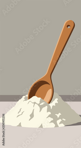 A wooden spoon rests in a pile of white powder