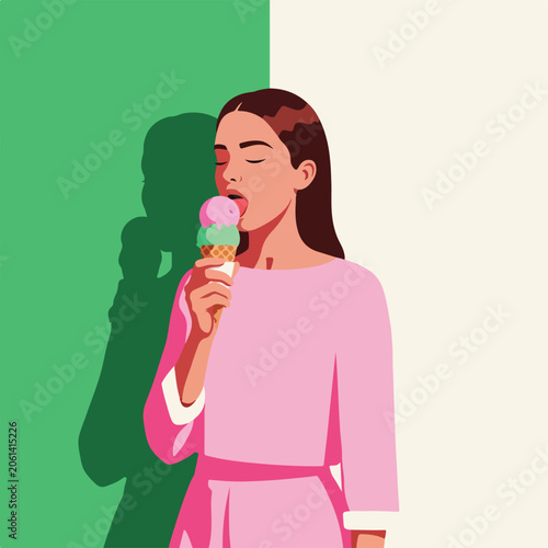 Young woman enjoying a two-scoop ice cream cone