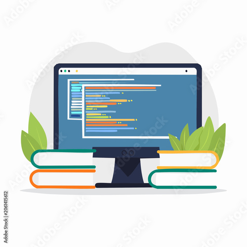 Computer Screen Displaying Code with Books and Plants