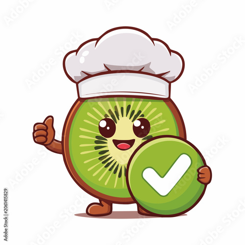 Cute Kiwi Chef Character Giving Thumbs Up and Holding Check Mark