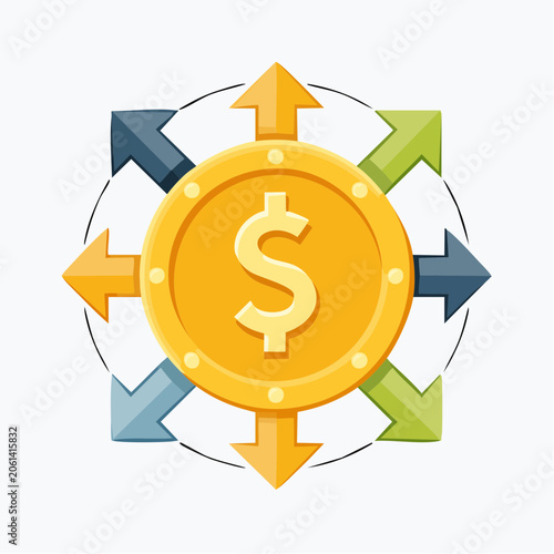 Dollar Coin with Arrows Indicating Financial Growth and Diversification