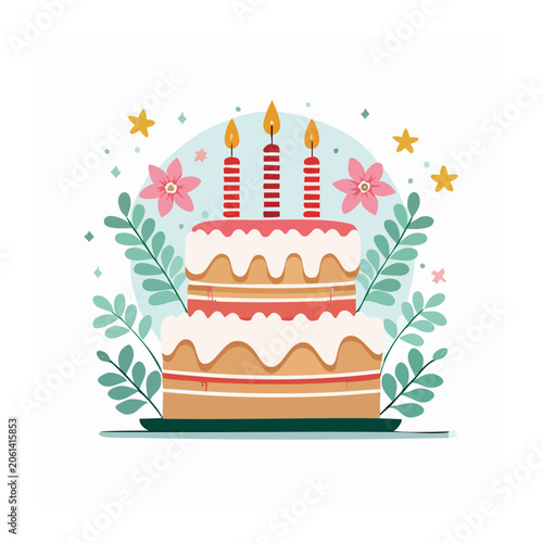 Flat design birthday cake with candles and decorations