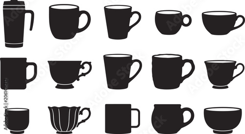 Bild auf Leinwand Coffee mugs and tea cups silhouettes featuring travel tumblers, ceramic cups, an