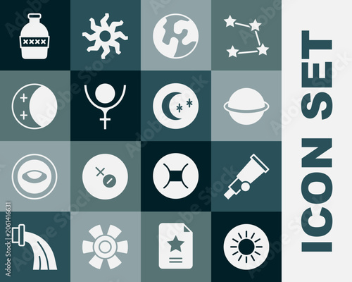 Set Sun, Telescope, Planet Saturn, Earth globe, Symbol Pluto, Eclipse of the sun, Bottle water and Moon and stars icon. Vector