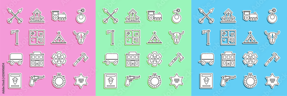 Fototapeta premium Set line Hexagram sheriff, Tomahawk axe, Buffalo skull, Retro train, Treasure map, Crossed arrows and Indian teepee or wigwam icon. Vector