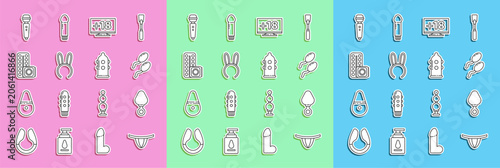 Set line Woman panties, Anal plug, Sperm, Monitor with 18 plus content, Mask long bunny ears, Birth control pills and condom, Dildo vibrator and Condom icon. Vector