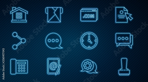 Set line Stamp, Speech bubble chat, Website template, Share, House, Clock and Envelope icon. Vector