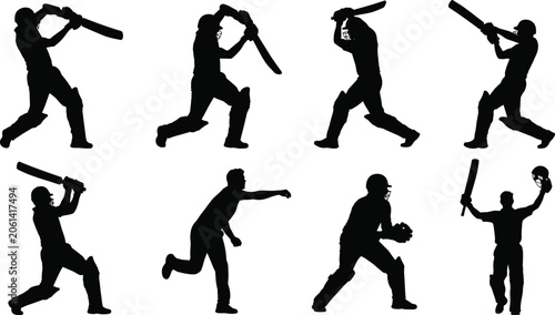 Foto Cricket player silhouettes, professional batsmen hitting ball, bowler action fielding poses, winning match celebration icons, competitive team sports, isolated graphics