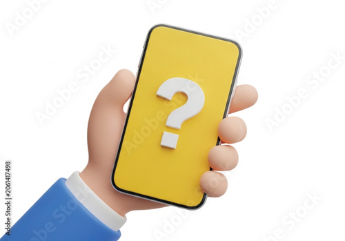 A 3d rendered illustration of a cartoon hand holding a yellow smartphone with a white question mark on its screen.