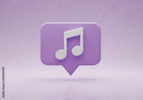 A 3d rendered illustration of a purple speech bubble with a white musical note inside it against a lavender background.