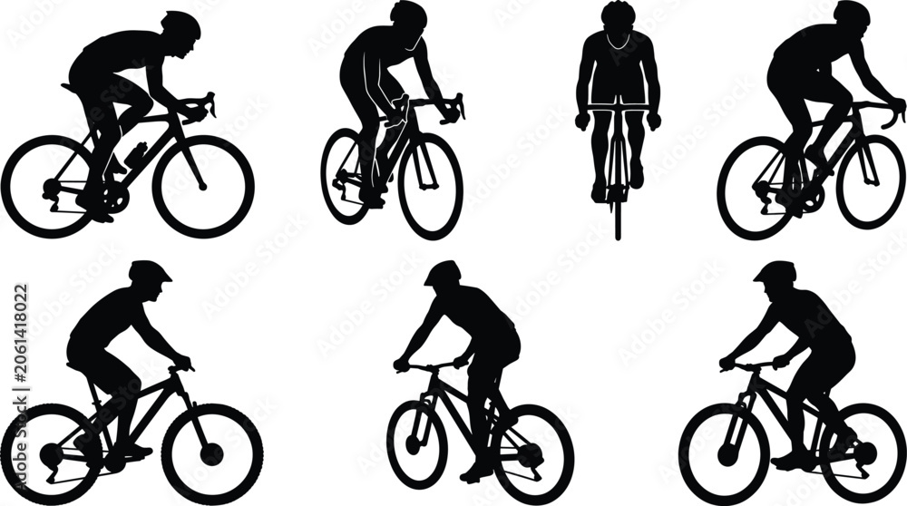 Fototapeta premium Cyclist silhouettes, mountain bike, road bicycle riders, cycling race, sport, fitness, extreme, competition, speed, outdoor, athlete, helmet, training, journey, active, lifestyle, isolated, exercise.