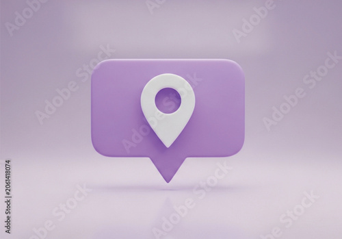 A 3d rendered illustration of a purple speech bubble with a white location pin inside it against a soft lavender background.