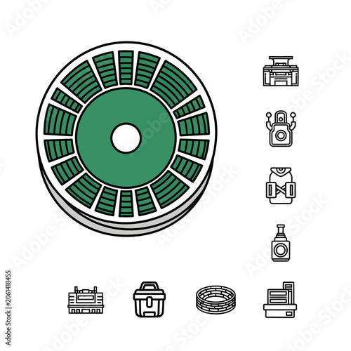 Vintage slide projector carousel tray icon set with multi-angle technical line art symbols isolated on white background