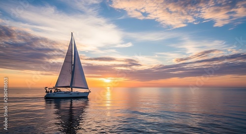 Sailboat sailing on calm water during a colorful sunset illustration