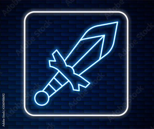 Glowing neon line Medieval sword icon isolated on brick wall background. Medieval weapon. Vector