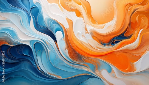 abstract painting with flowing vibrant colors in shades of orange blue and white